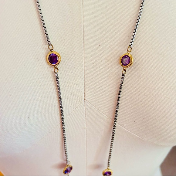 Vintage Bezel-Set Amethyst Crystal X-Long 55" Gold Plated & 926 Silver Necklace - Picture 8 of 14